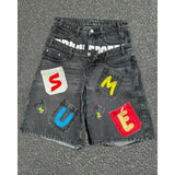 GO-STONE American style hip-hop letter splicing denim shorts millennium retro personality fashion fake two-piece gothic rock