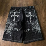 GO-STONE Streetwear Denim Shorts Mens Embroidery American Hip Hop Printed Loose Shorts Gothic Retro Harajuku Fashion Y2K New Shorts