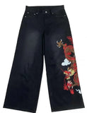 GO-STONE Dragon Graffiti Embroidery Dark Blue Loose Wide Leg Distressed Jeans Y2K High Waist Men Women Vintage Casual Daily Streetwear