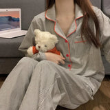 GO-STONE 2PCS/Set Women's Long Sleeve Loose Breathable Student Sleepwear Loungewear Cardigan Gray Striped Girl Fashion Pajamas Homewear