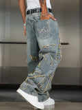 GO-STONE Men's Street Style Casual Patchwork Embroidered Frayed Hem Macau Blue Denim Jeans Trendy Loose Fit Straight Leg Pants