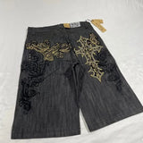 GO-STONE Streetwear Denim Shorts Mens Embroidery American Hip Hop Printed Loose Shorts Gothic Retro Harajuku Fashion Y2K New Shorts