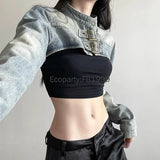 GO-STONE Women Fashion Denim Jacket Y2K Aesthetic Vintage Sexy Crop Tops Coat Japanese Harajuku Streetwear Female Spring Summer Outerwear