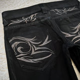 GO-STONE vintage X ray waxing tribal embroidery men's flared jeans Gothic high street unisex punk slim fit jeans Y2K baggy flared jeans