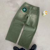 GO-STONE Y2K Retro Matcha Denim Jeans Washed Billiard Embroidered Denim Pants London Fashion New York Style Streetwear Unisex Baggy Jeans