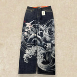 GO-STONE Japanese Harajuku Jeans Mens New Dragon High Quality Jeans Gothic Y2K Vintage Hip Hop Streetwear Denim Fabric Wide Leg Pants