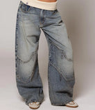 GO-STONE Y2K American Retro Spliced washed High Waist Jeans for Women Simple Versatile Wide-leg Jean Hip-hop Harajuku Baggy Women Jeans