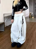 GO-STONE American Retro Flame Letter Print Detachable Strap Scimitar Pants Jazz Casual Hip-Hop Loose Wide-Leg Fashion Jogging Sweatpants