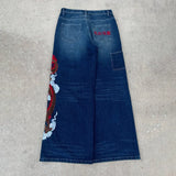 GO-STONE Dragon Graffiti Embroidery Dark Blue Loose Wide Leg Distressed Jeans Y2K High Waist Men Women Vintage Casual Daily Streetwear