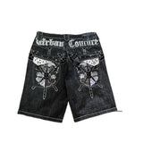 GO-STONE American Vintage Popular New Pattern Embroidery Baggy Denim Shorts Men Street Fashion Gothic Casual Joker Shorts Women Clothing