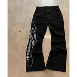 GO-STONE Deeptown Blue Letter Graphic Print Jeans Women Harajuku Vintage Washed Wide Leg Straight Denim Trousers Baggy Hip Hop Streetwear
