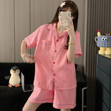 GO-STONE Summer 2026 New Short-Sleeved Shorts Pajamas Women's Cartoon Cute Girl Cardigan Set Ladies Sleepwear Breathable Homewear