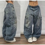 GO-STONE American New Fashion Oversized Pattern Printed Washed Jeans Men Y2K Gothic Rock Popular Casual Joker High Waist Wide Leg Pants