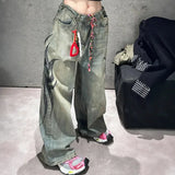 GO-STONE American Retro Mottled Totem Print Loose Jeans Women's High Waisted Wide Leg Pants Japanese Trendy Hip-hop Style Jeans