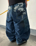 GO-STONE American Fashion New Oversized Print Blue Washed Baggy Jeans Men Y2K Rock Hip Hop Popular Casual Straight Wide-leg Trousers