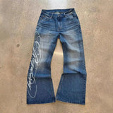 GO-STONE Deeptown Blue Letter Graphic Print Jeans Women Harajuku Vintage Washed Wide Leg Straight Denim Trousers Baggy Hip Hop Streetwear