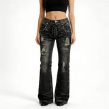 GO-STONE Y2K Washed Jeans Gothic Retro Micro Flared Double Waisted Lace Up Pants Men Women Streetwear High Quality Design Sense Trousers