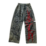 GO-STONE American New Fashion Oversized Pattern Printed Washed Jeans Men Y2K Gothic Rock Popular Casual Joker High Waist Wide Leg Pants