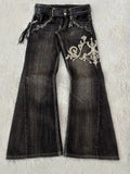 GO-STONE Mens Jeans Harajuku Vintage Streetwear Washed Distressed Ripped Denim Pants Double Waist Micro Flared Loose Fit Long Casual New