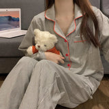 GO-STONE 2PCS/Set Women's Long Sleeve Loose Breathable Student Sleepwear Loungewear Cardigan Gray Striped Girl Fashion Pajamas Homewear