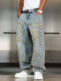 GO-STONE Men's Street Style Casual Patchwork Embroidered Frayed Hem Macau Blue Denim Jeans Trendy Loose Fit Straight Leg Pants