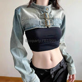 GO-STONE Women Fashion Denim Jacket Y2K Aesthetic Vintage Sexy Crop Tops Coat Japanese Harajuku Streetwear Female Spring Summer Outerwear