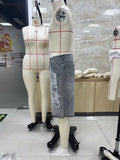 GO-STONE Fashion Men Summer Casual Denim Shorts Knee Length Trendy Letter Embroidered Shiny Rhinestone Decor Jeans Shorts with Pockets