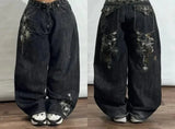 GO-STONE American Fashion New Oversized Print Blue Washed Baggy Jeans Men Y2K Rock Hip Hop Popular Casual Straight Wide-leg Trousers