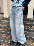 GO-STONE Autumn Men's Letter Printed Straight-Leg Baggy Jeans Hip Hop Fashion Washed Denim Pantalones American Retro Y2K Streetwear Jean