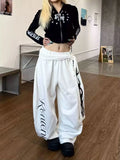 GO-STONE American Retro Flame Letter Print Detachable Strap Scimitar Pants Jazz Casual Hip-Hop Loose Wide-Leg Fashion Jogging Sweatpants