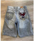 GO-STONE Streetwear Denim Shorts Mens Embroidery American Hip Hop Printed Loose Shorts Gothic Retro Harajuku Fashion Y2K New Shorts