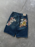GO-STONE Hip Hop Japan Kimono Embroidered Shorts Men Casual Baggy Jeans Short Y2k Retro Blue Wide Leg Denim Jorts Skateboard Streetwear