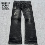 GO-STONE Mens Jeans Harajuku Vintage Streetwear Washed Distressed Ripped Denim Pants Double Waist Micro Flared Loose Fit Long Casual New
