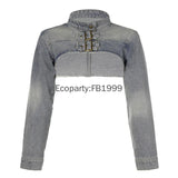 GO-STONE Women Fashion Denim Jacket Y2K Aesthetic Vintage Sexy Crop Tops Coat Japanese Harajuku Streetwear Female Spring Summer Outerwear