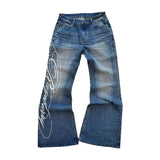 GO-STONE Deeptown Blue Letter Graphic Print Jeans Women Harajuku Vintage Washed Wide Leg Straight Denim Trousers Baggy Hip Hop Streetwear