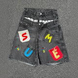 GO-STONE American style hip-hop letter splicing denim shorts millennium retro personality fashion fake two-piece gothic rock
