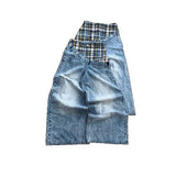 GO-STONE Y2k Slanted Runway Baggy Jeans Retro Plaid Patchwork Men Women Wide Leg Pants American Hip Hop Streetwear Unisex Casual Jeans