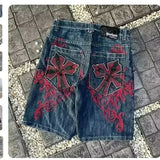 GO-STONE Streetwear Denim Shorts Mens Embroidery American Hip Hop Printed Loose Shorts Gothic Retro Harajuku Fashion Y2K New Shorts
