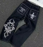 GO-STONE Streetwear Vintage Jeans Y2K Clothes Womens Vintage Pocket Sequin Washed Blue Baggy Jeans Mid Rise Slim Fit Trousers