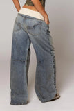 GO-STONE Y2K American Retro Spliced washed High Waist Jeans for Women Simple Versatile Wide-leg Jean Hip-hop Harajuku Baggy Women Jeans