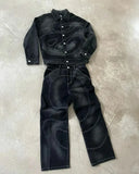 GO-STONE Patch Jeans Retro Striped Embroidered Jacket Two-Piece Set Y2k Suit Men's Harajuku hiphop Embroidered Loose Jeans Old Jacket