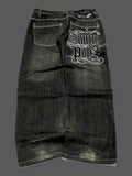 GO-STONE Y2K Fashion Letters Embroidered Big Pockets Washed Baggy Jeans Women High Street Vintage Hip Hop Popular Wild Wide-leg Pants