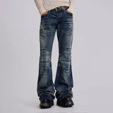GO-STONE Y2K Vintage Flared Jeans Mid Blue Washed Men Women Bootcut Jeans American Hip Hop Distressed Streetwear Unisex Wide Leg Pants