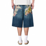 GO-STONE Hip Hop Japan Kimono Embroidered Shorts Men Casual Baggy Jeans Short Y2k Retro Blue Wide Leg Denim Jorts Skateboard Streetwear