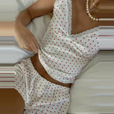 GO-STONE 2 Piece Set Women Loungewear Cute Sweet Heart Lace Trim V Neck Cami Tops + Casual Shorts Sleeveless Crop Tops Pajamas Homewear
