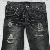 GO-STONE Mens Jeans Harajuku Vintage Streetwear Washed Distressed Ripped Denim Pants Double Waist Micro Flared Loose Fit Long Casual New