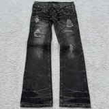 GO-STONE Mens Jeans Harajuku Vintage Streetwear Washed Distressed Ripped Denim Pants Double Waist Micro Flared Loose Fit Long Casual New
