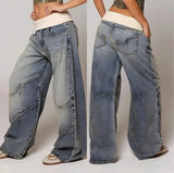 GO-STONE Y2K American Retro Spliced washed High Waist Jeans for Women Simple Versatile Wide-leg Jean Hip-hop Harajuku Baggy Women Jeans