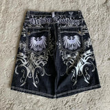 GO-STONE Streetwear Denim Shorts Mens Embroidery American Hip Hop Printed Loose Shorts Gothic Retro Harajuku Fashion Y2K New Shorts
